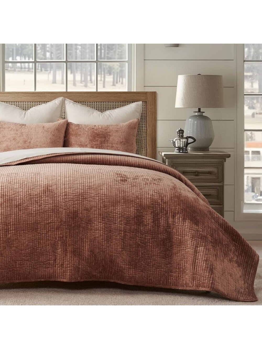 Queen Size Striped Velvet Quilt Set in Terracotta Clay - Soft, Cozy Bedding